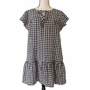 Gingham Babydoll Dress Black White Ruffle Hem Pockets Western Cottagecore Tunic